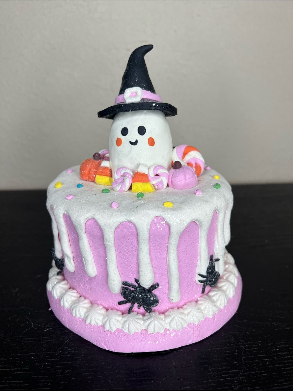 NEW 7.5" Pink Claydough Glitter Halloween Ghost Witch Cake Decor